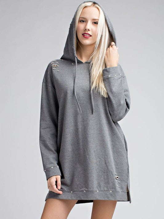 Distressed Hoodie Dress- Heather Grey