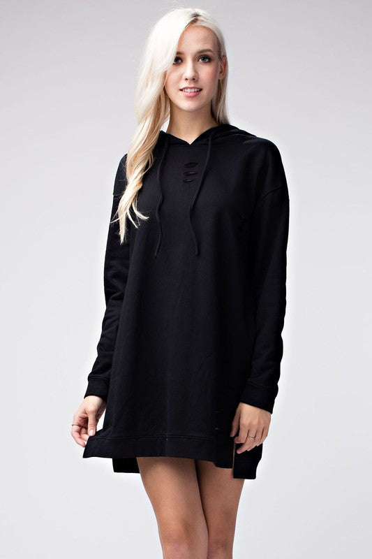 Distressed Hoodie Dress- Black